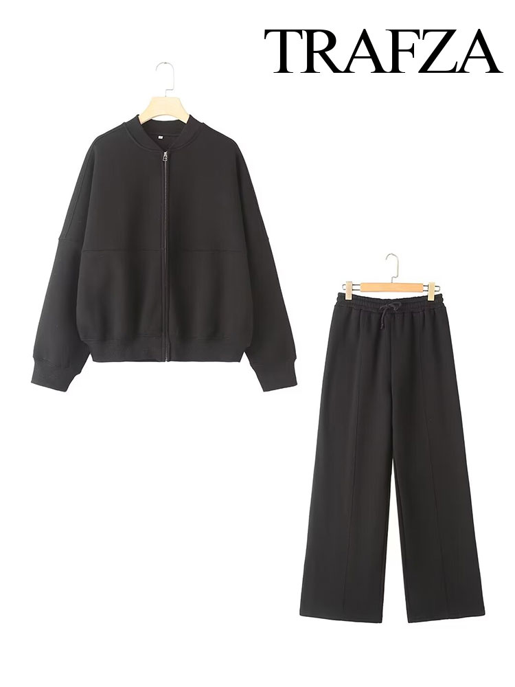 TRAFZA, chaqueta Bomber con cremallera de Color sólido Retro de 2 piezas para mujer, sudadera + traje de pantalones sueltos de terciopelo con cordones de cintura alta para mujer