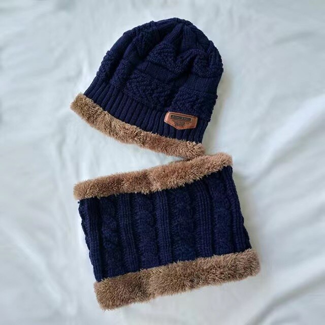 Conjunto de gorro de invierno para niños y niñas, bufandas, gorras gruesas y collares, gorros de bebé bonitos de 1 a 10 años, otoño: Azul marino