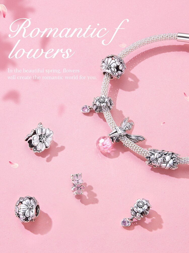Rosa espaçador bisaer 925 prata esterlina blush rosa empilhável margarida flores prata encantos para pulseiras fazendo ecc1484
