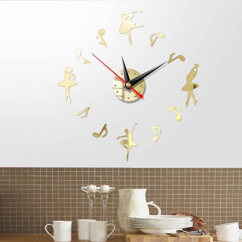 Reloj de pared grande DIY 3D, moderno, decoración para sala de estar, relojes, pegatinas de espejo acrílico, reloj de pared silencioso, estilo de música y baile