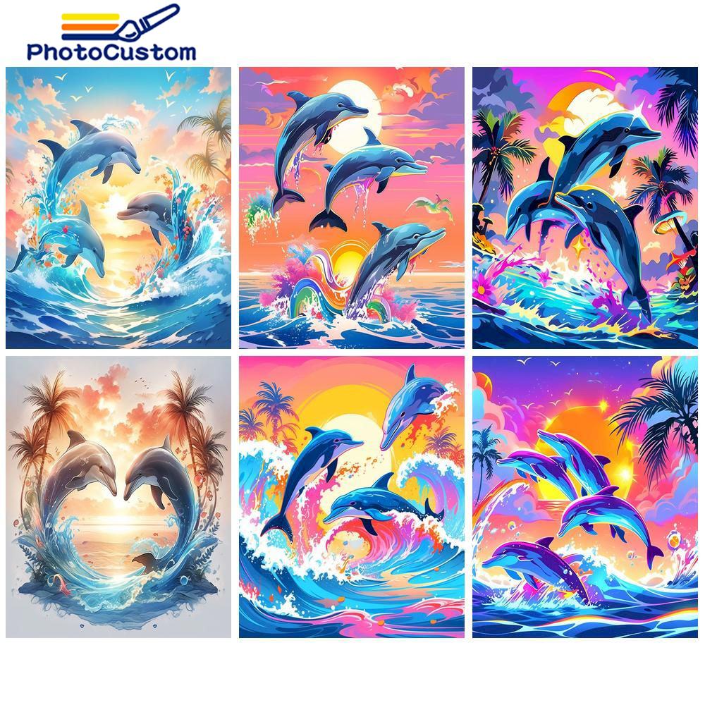 PhotoCustom Diy Paint By Numbers For Adults Canvas Dolphin Acrylic Paintings Drawing By Numbers Animals Home Decoration Art Set