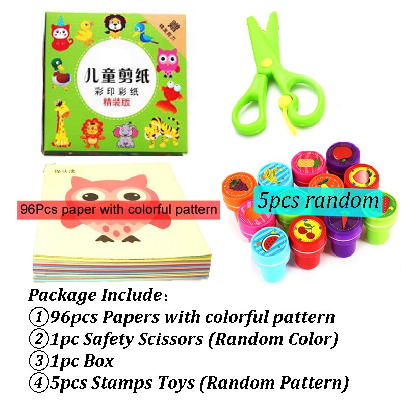 101pcs Children Cartoon Color Paper Folding and Cutting & Stamps Drawing Toys Kingergarden Art Craft DIY Educational Toys ZXH: 96Colorful Box5stamp