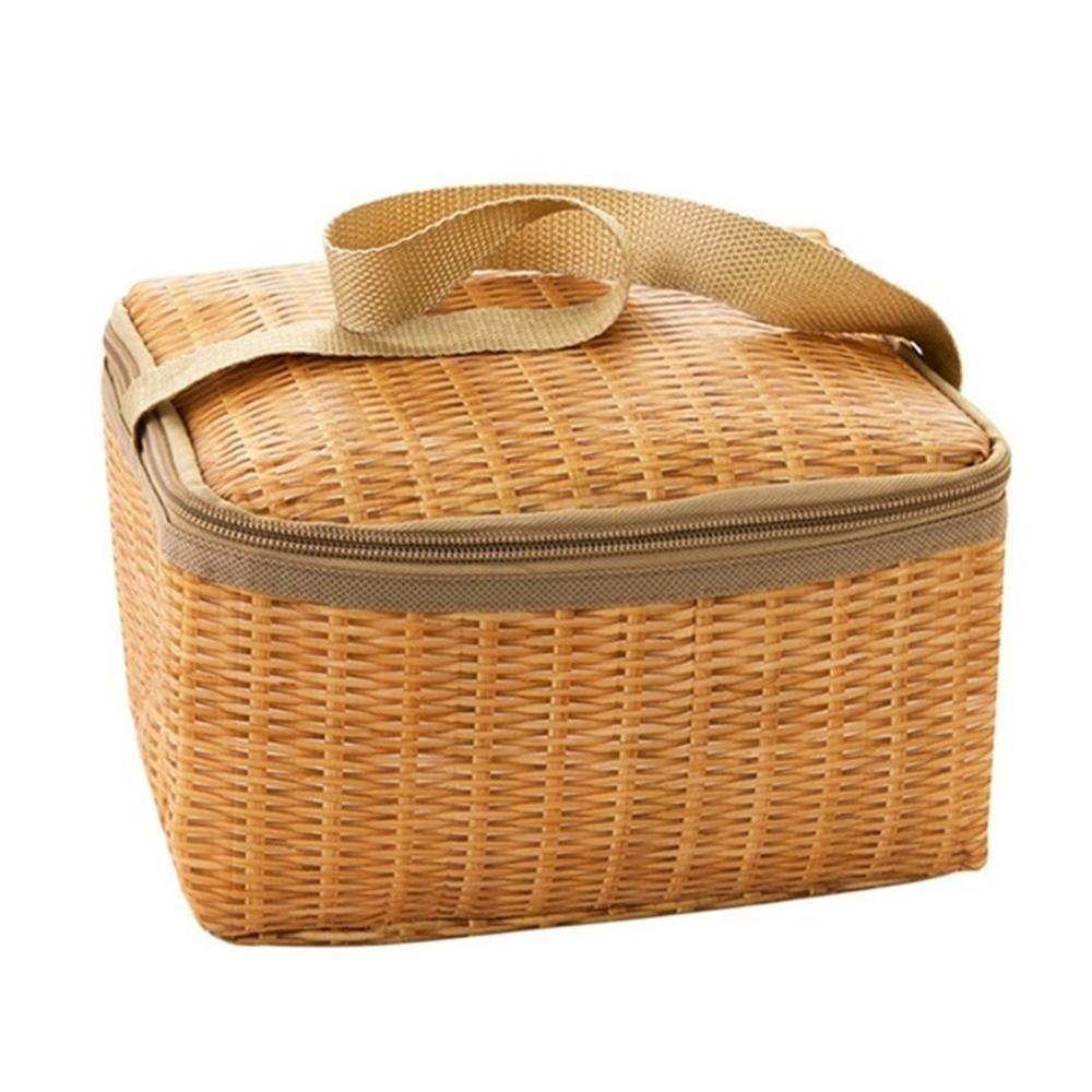 Portable Lunch Bag Wicker Rattan Outdoor Waterproof Tableware Insulated Thermal Cooler Food Container Basket Camping Picnic: Default Title