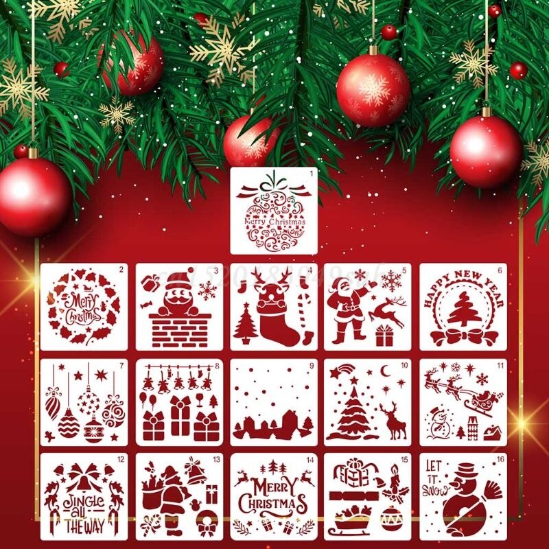 Ootdty 16 Stks/set Diy Vrolijk Kerstfeest Tekening Stencil Templates Embossing Papier Kaart Schilderen Scrapbooking Stempel Album Decor