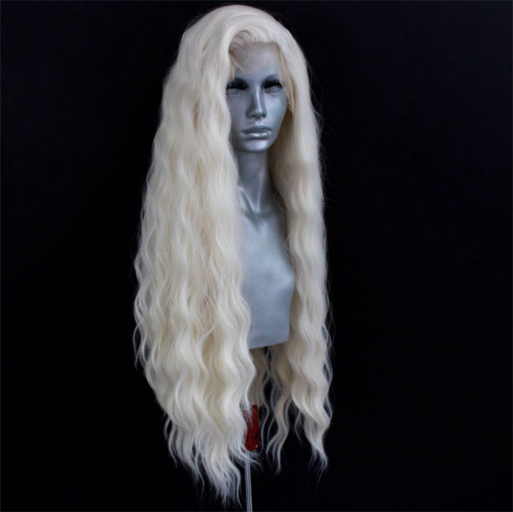 Peluca ondulada rubia platino, pelucas frontales de encaje sintético para mujer, pelo largo de encaje ondulado Natural, peluca blanca, negra y rosa, Cosplay de rizo suelto
