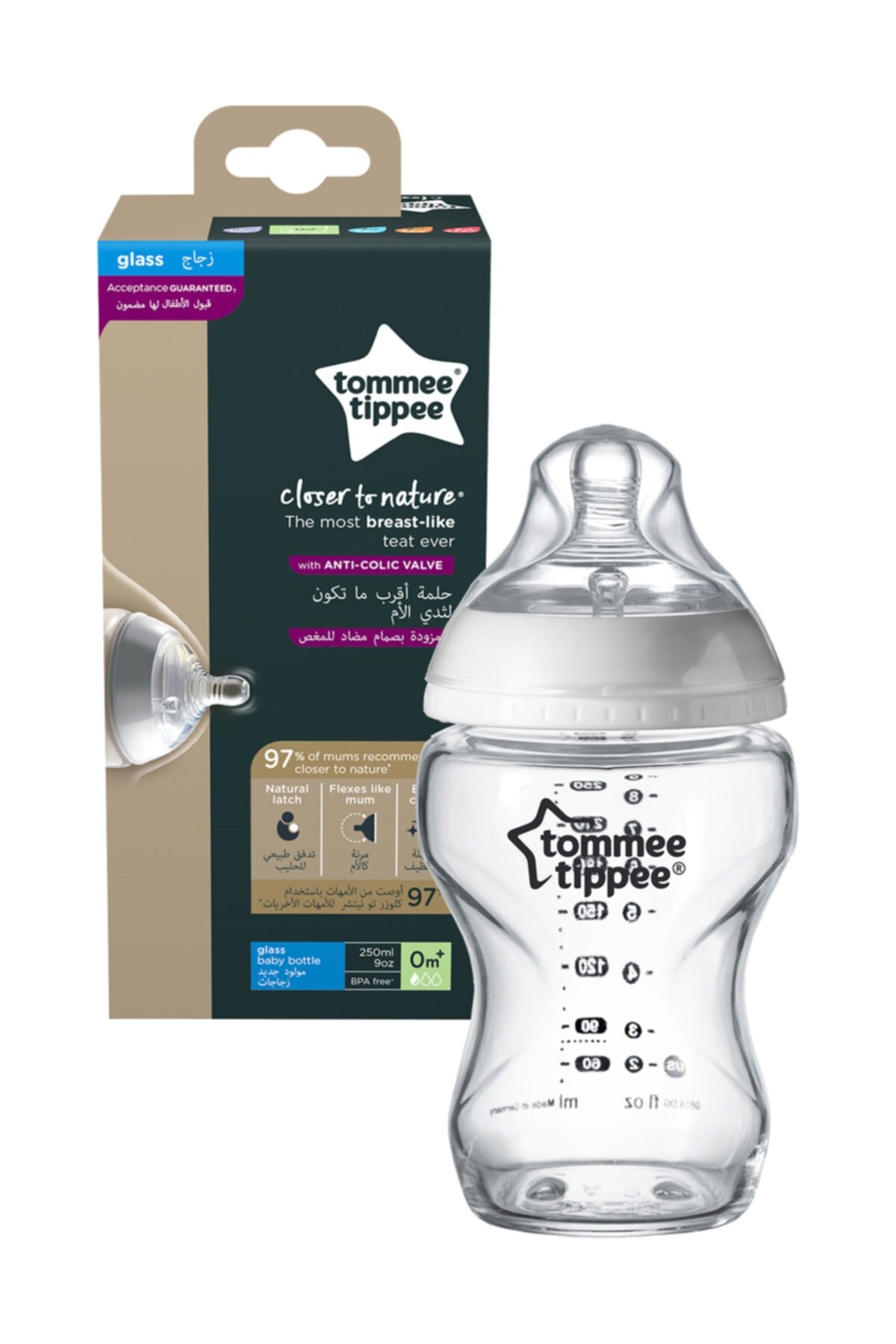 Newborn Glass Baby Bottle Food Door Baby Feeding Tools Tommee Tippee Closer to Nature Glass Feeding Bottle, 250 ml x 1-Transparent
