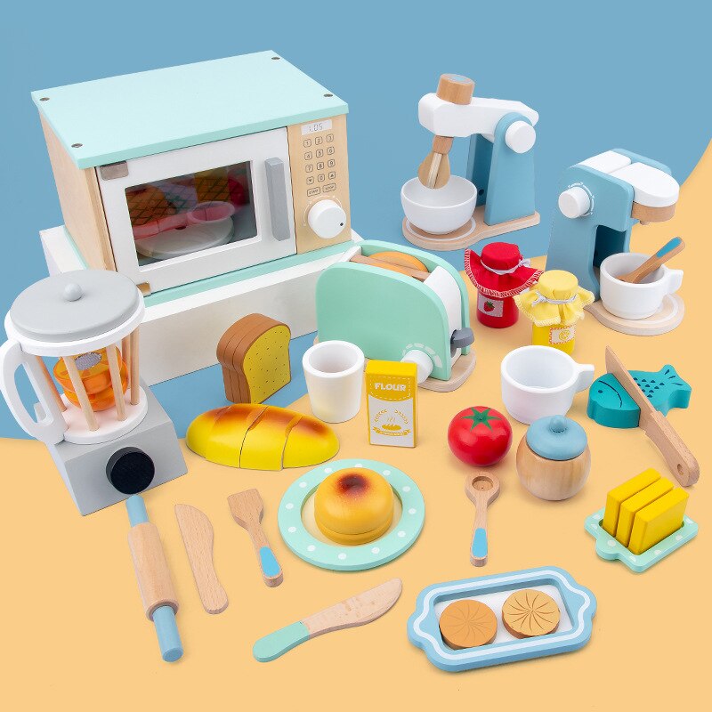 3d træ børn køkkenartikler legetøj simulering træ kaffemaskine brødrister maskine pige legehus rollespil pædagogisk legetøj
