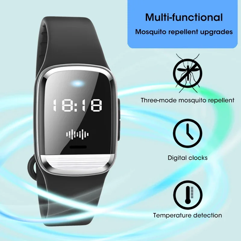 Braccialetto repellente per zanzare ad ultrasuoni Braccialetto estivo anti-morso di zanzare per interni ed esterni con orologio con visualizzazione della temperatura dell'ora