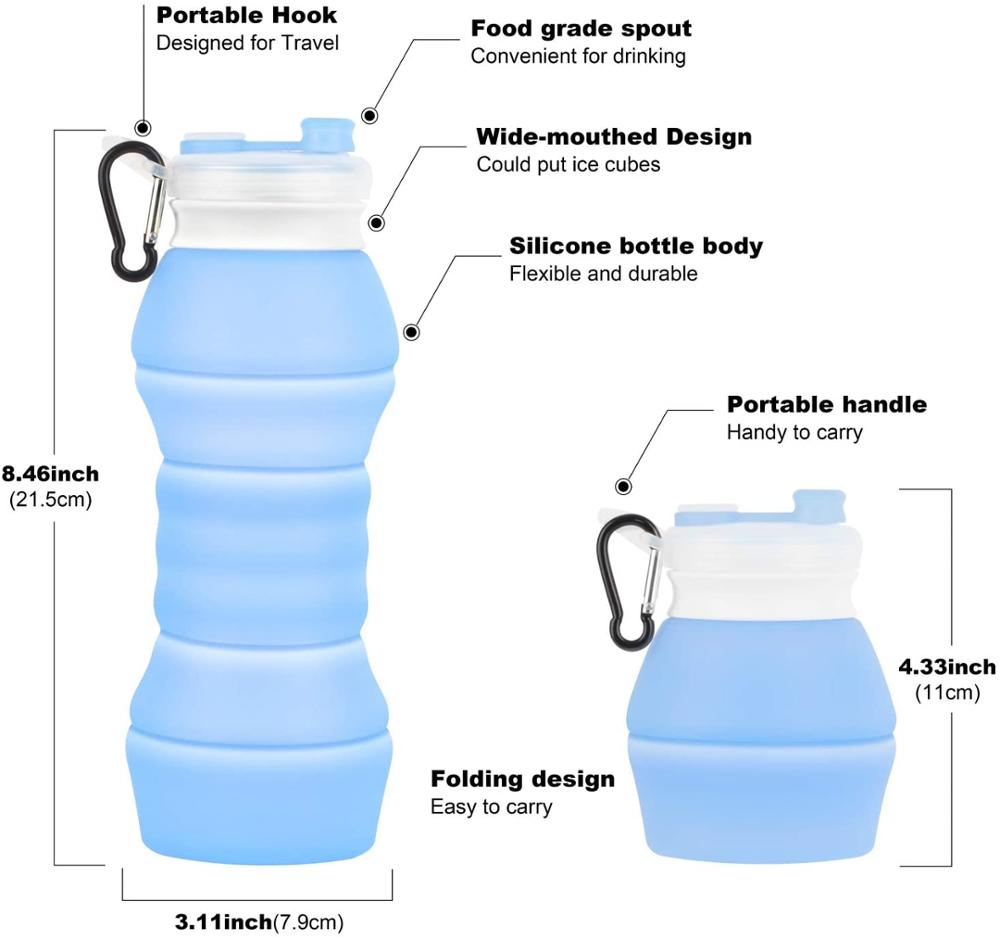 Botella de agua de silicona plegable, 550 ML, sin BPA, portátil, reutilizable, a prueba de fugas, botellas de agua deportivas de viaje para gimnasio, senderismo y ciclismo