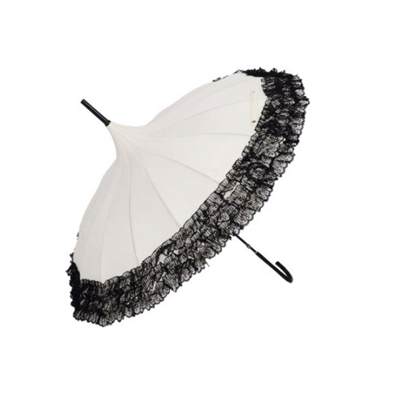 Princess Lace Pagoda Umbrellas For Straight Bar Semi Automatic Long Handle Hook Rain Gear Lady Sunshade Unbrellas Women Parasol: Creamy white