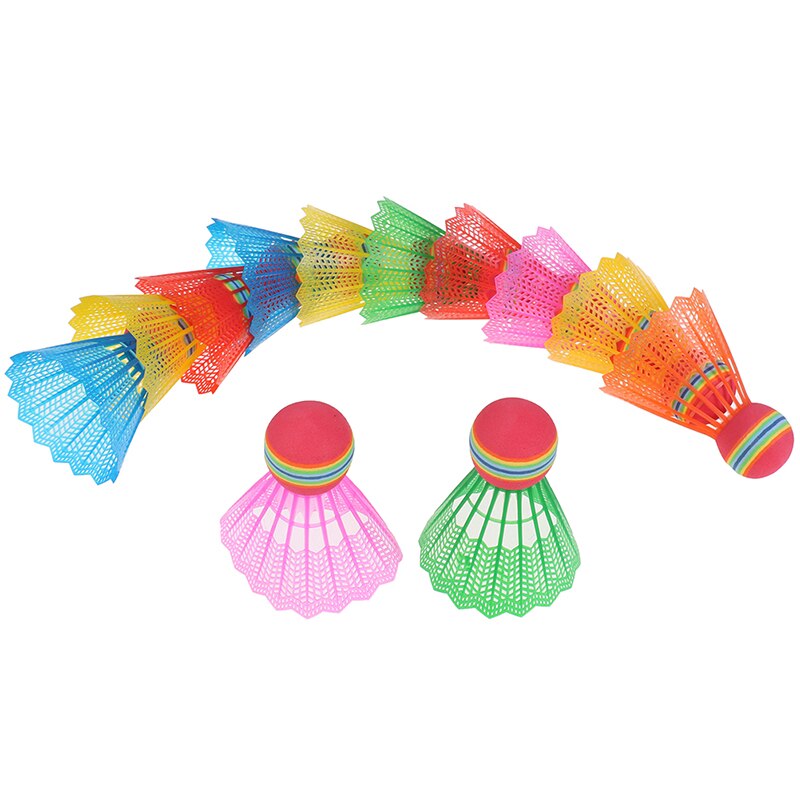 12 pces badminton eva cabeça náilon badminton penas para o entretenimento do esporte do jogo com barril transparente arco-íris bola