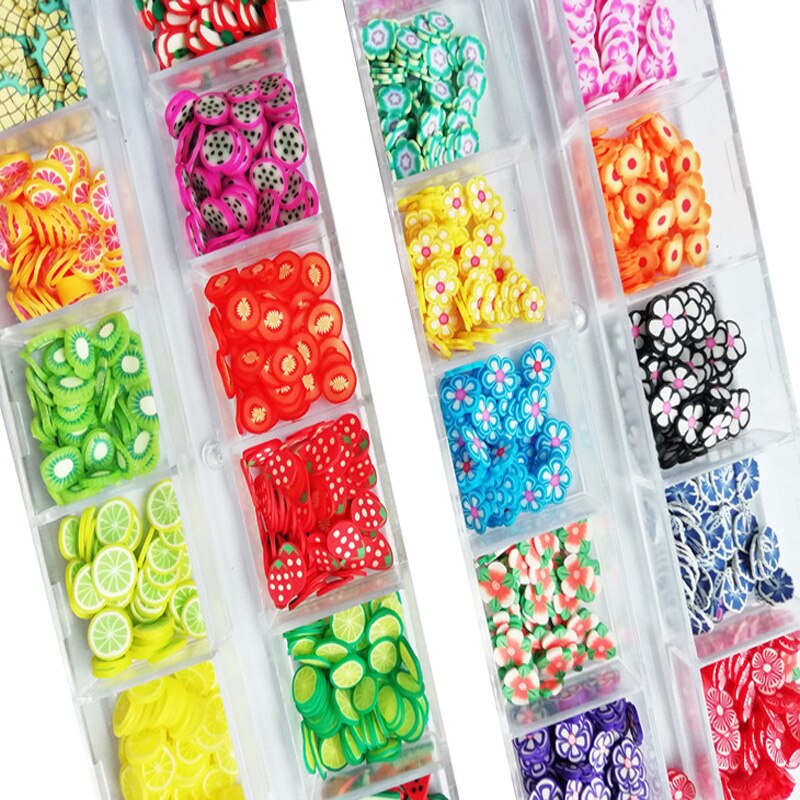 3d nail art tilbehør blandede blomster frugt skåret ler diy negle dekoration neglesmykker 12 gitter/æske