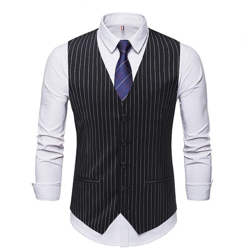 Stribede veste herre jakkesæt vest klassisk sort grå business vest vest herre britisk blazer til mænd ærmeløs: Sort / L