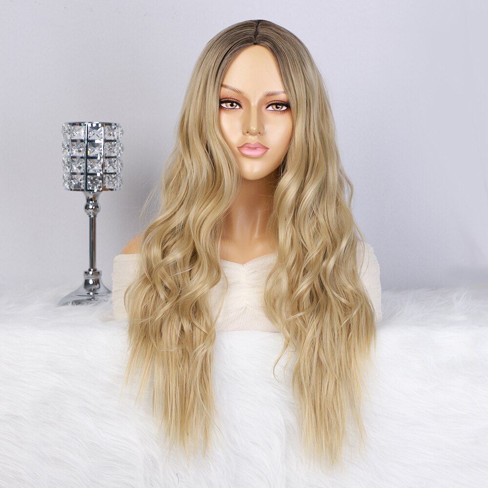 Krachtige Lange Golvende Pruiken Ombre Platina Blon Natuurlijke Haar Deel Synthetische Pruiken Voor Vrouwen Lijmloze Cosplay Hittebestendige Party Pruik: Blonde