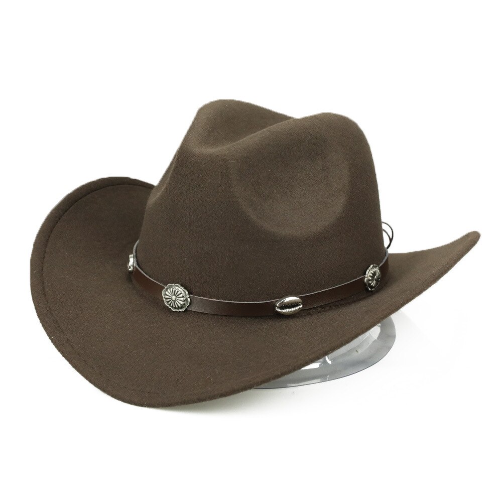 Uldfilt kvinder mænd vestlig cowboyhue med brede rand punk læder bælte jazz cap størrelse 57-58cm b88: 1