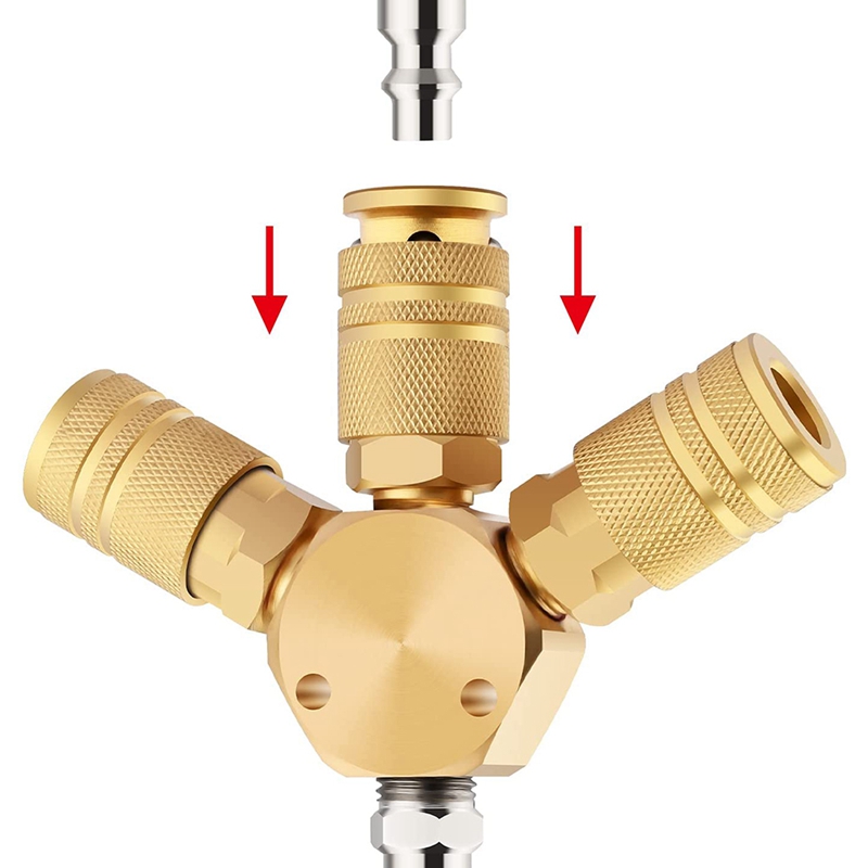 Air Splitter, 3-Way Air Manifold with 3 Pieces Brass Industrial Coupler and 1/4Inch Male NPT Plug, Quick Connect Fitting