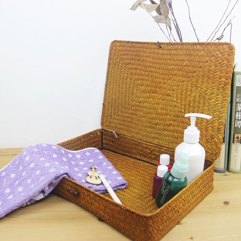 WHISM rattanowe wiklinowe pudełka robić przechowywania ręcznie pojemnik robić przechowywania biżuterii schowek kosmetyczny Organizer z pokrywką tkane etui z trawy morskiej