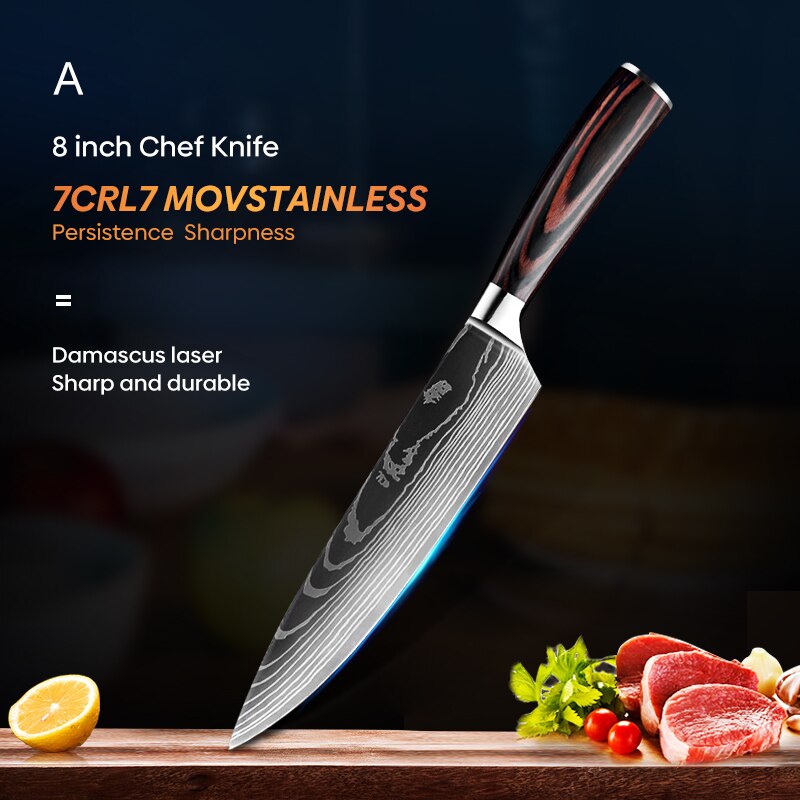Cuchillo de cocina Chef 8 pulgadas Cuchillos de acero inoxidable Pan Sushi Carne Santoku Japonés 7CR17 440C Cuchillo de cocina de alto carbono: A