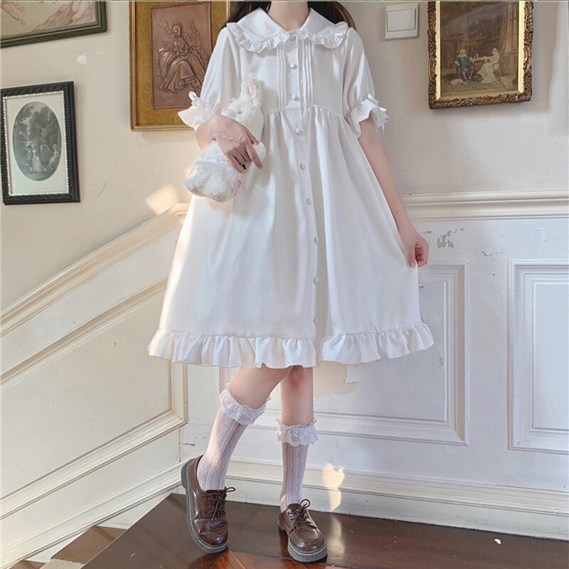 Vestido de diario Lolita blanco para adolescentes, Retro, Vintage, gótico, Victoriano, estilo japonés, para estudiantes de escuela, con volantes, princesa