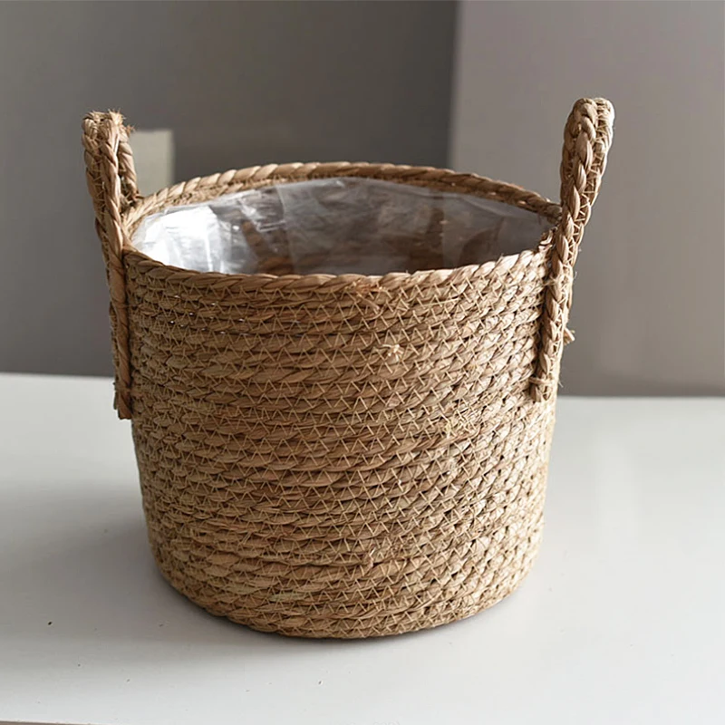 Cesta para macetero tejida hecha a mano, almacenamiento de ropa, paja decorativa, mimbre, algas marinas, maceta para jardín