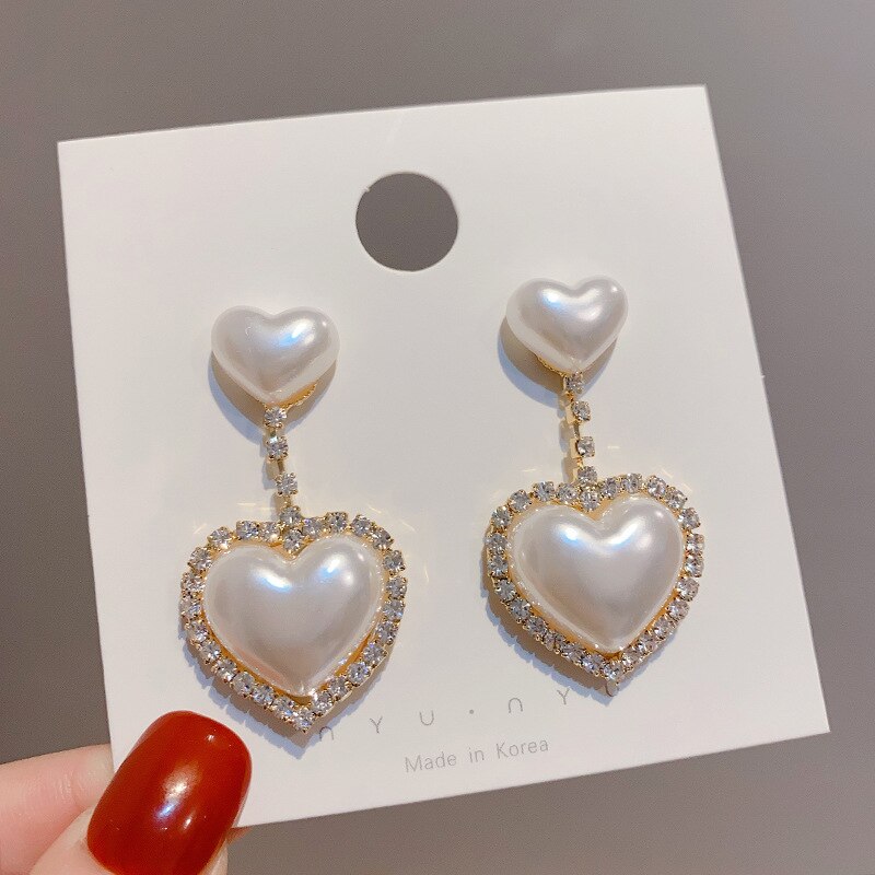 Korean Love Heart Pearl Dangle Pendientes For Women Accessories Rhinestone Boucle D'oreille: White