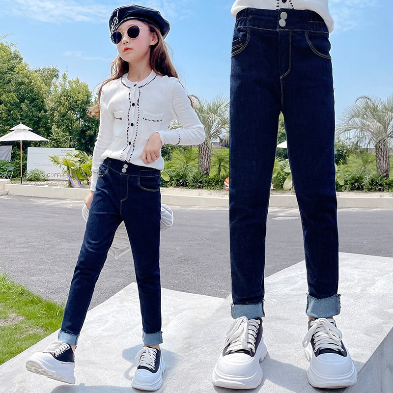 Kids Jeans for Girls Spring Autumn Dark Blue Children Slim Skinny Turnup Pants Casual Trousers Teenager Girls Jeans