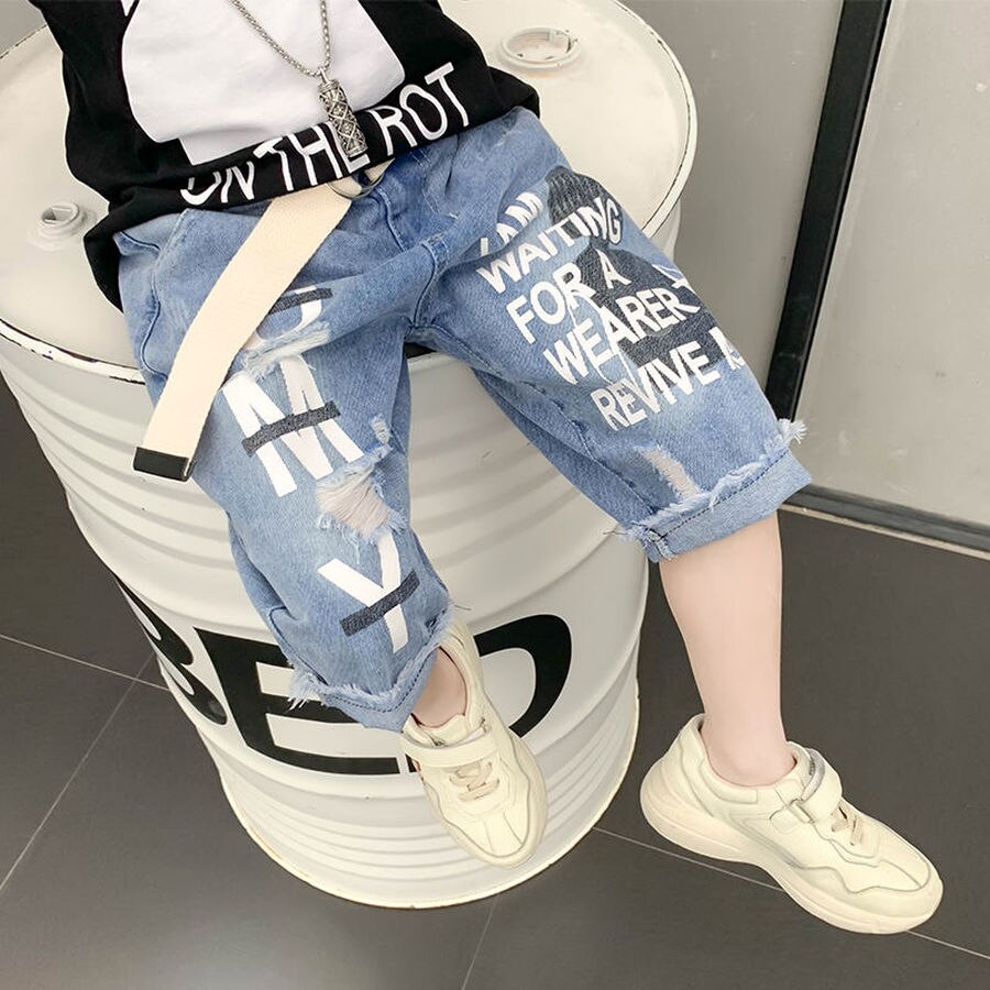 Pantalones cortos de mezclilla rasgados para niños, pantalón corto de algodón vaquero para niño, cintura elástica con letras para playa informal para niño adolescente de 110 a 170