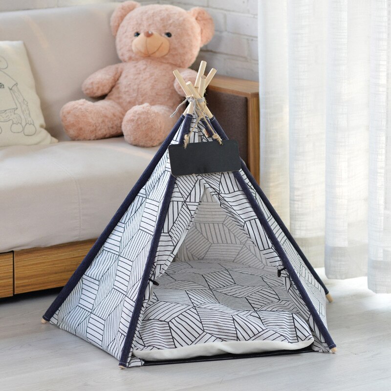 Kæledyr kat hund tipi med pude og tavle, bærbare hundetelte og kæledyrshuse, trælærred tipi fold kæledyr telt små dyr seng