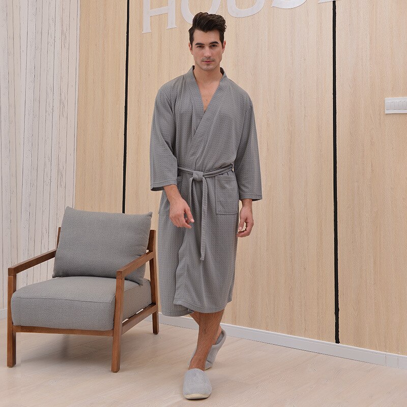 Grande taille robe de chambre homme gaufre Plaid peignoir homme solide bain Rob Hotel maison chemise de nuit à manches longues à lacets manteau pyjamas: Gray / XL(60-80kg)