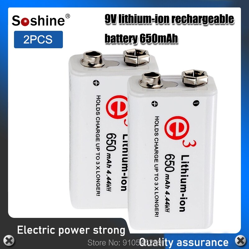 Soshine 6F22 650mAh 9V Li-ion Rechargeable Battery with Portable Battery Box for Multimeter / Wireless Microphone / Alarm: 2PCS