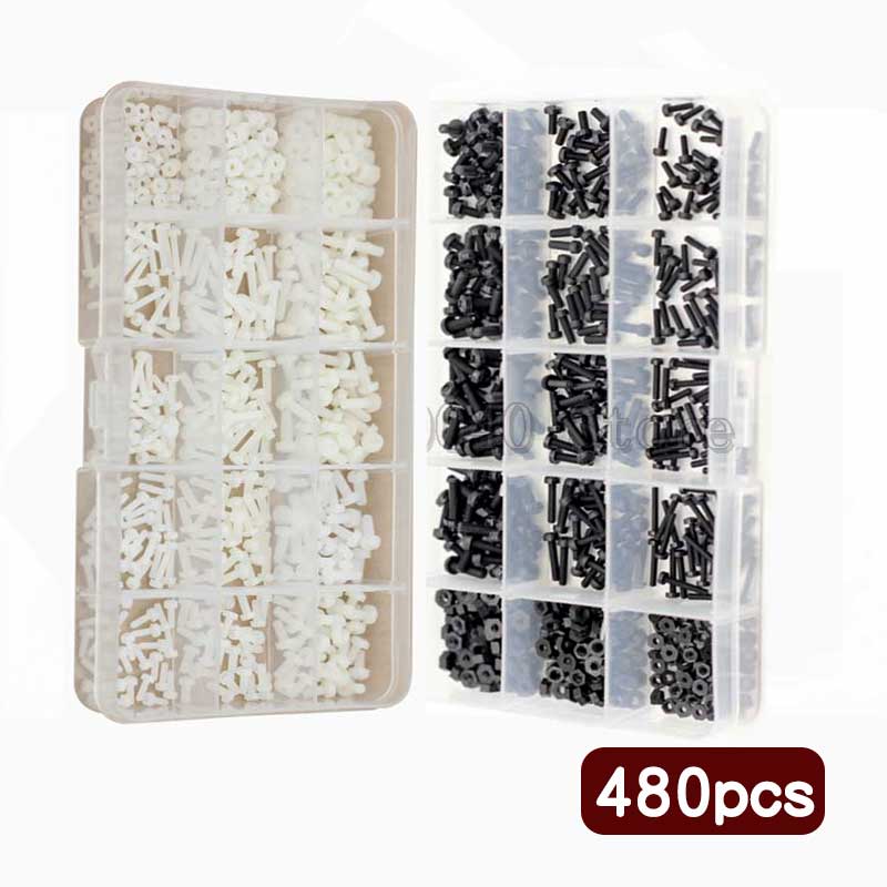 480pcs M2 M2.5 M3 Metric Threaded Black White Nylon Plastic Phillips Pan Head Cross Round Screw Bolt Hex Nuts length 6mm-12mm