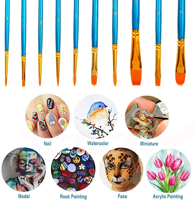 10Pcs artist paint brush Paint brush acrylic oil watercolor, human face painting, beginner/children crafts supply
