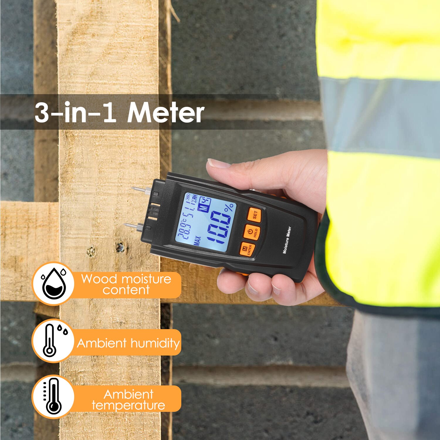 3-in-1 Digital Wood Moisture Meter Firewood Water Content Analyzer Ambient Temperature+Humidity+Wood Moisture Tester