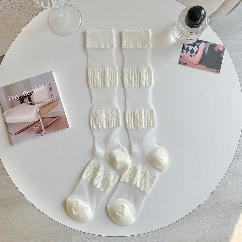 Calze lunghe al ginocchio in seta a rete bianca giapponese da donna calze lunghe estive trasparenti Harajuku JK Lolita Kawaii calze di pizzo carine