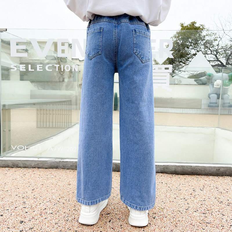 2022 Tiener Meisjes Mid-Taille Jeans Katoen Effen Kleur Koreaanse Lente Herfst Wid Been Broek Kinderkleding School Denim broek 4-14Yrs
