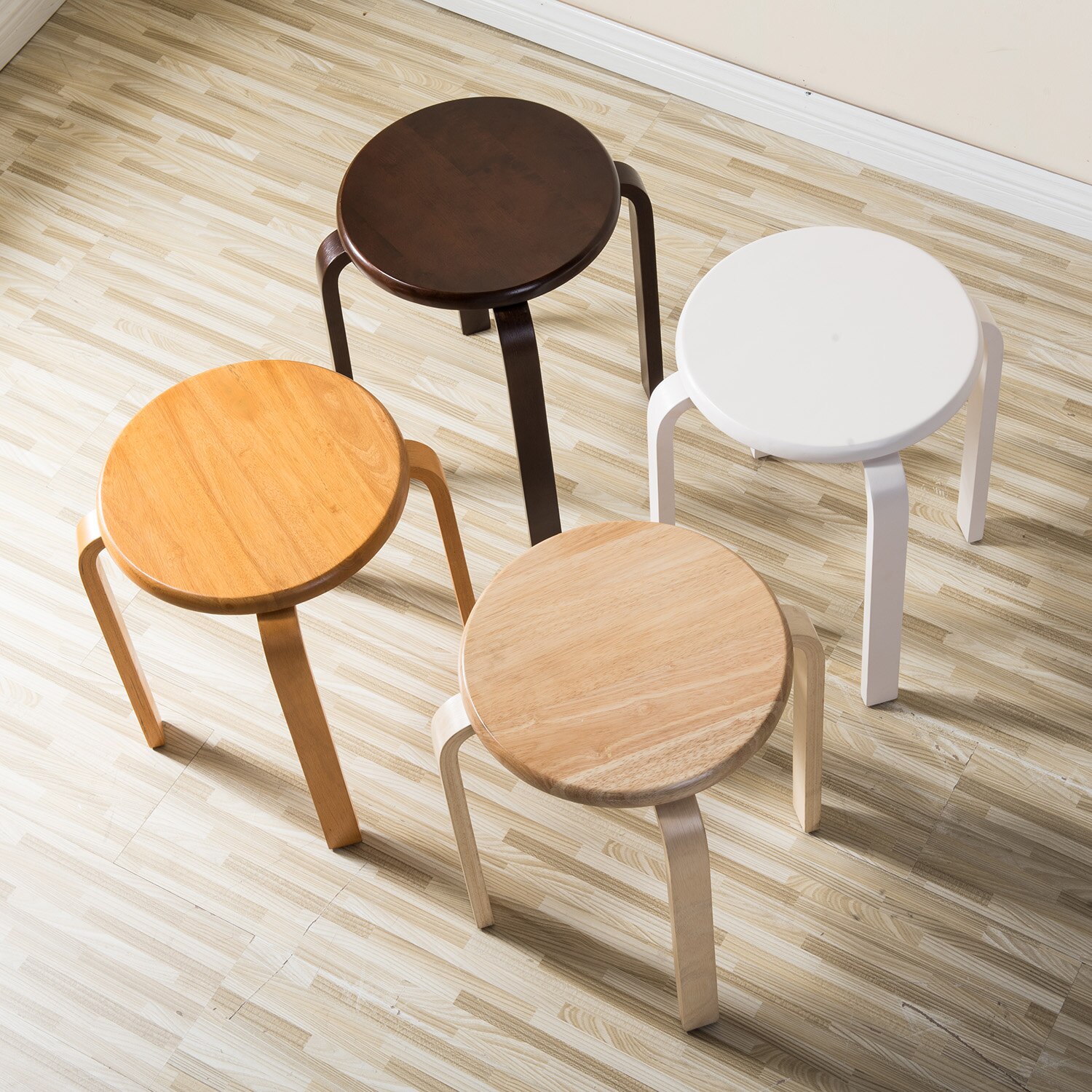 Modern K/D Rubber Wooden Stools Practical Round Stacking Living Room Stool Kitchen Small Chair for Home/Restaurants/Hotel/Bar