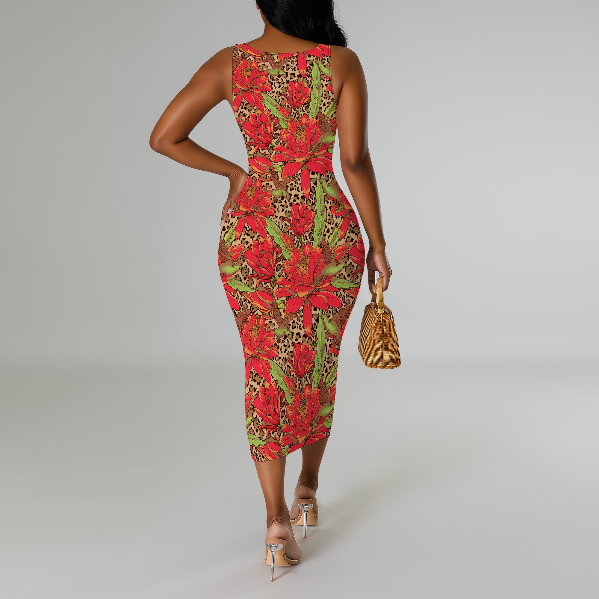 Tropisk bladprint plus size ærmeløs midikjole sommer strandferie bodycon-kjole