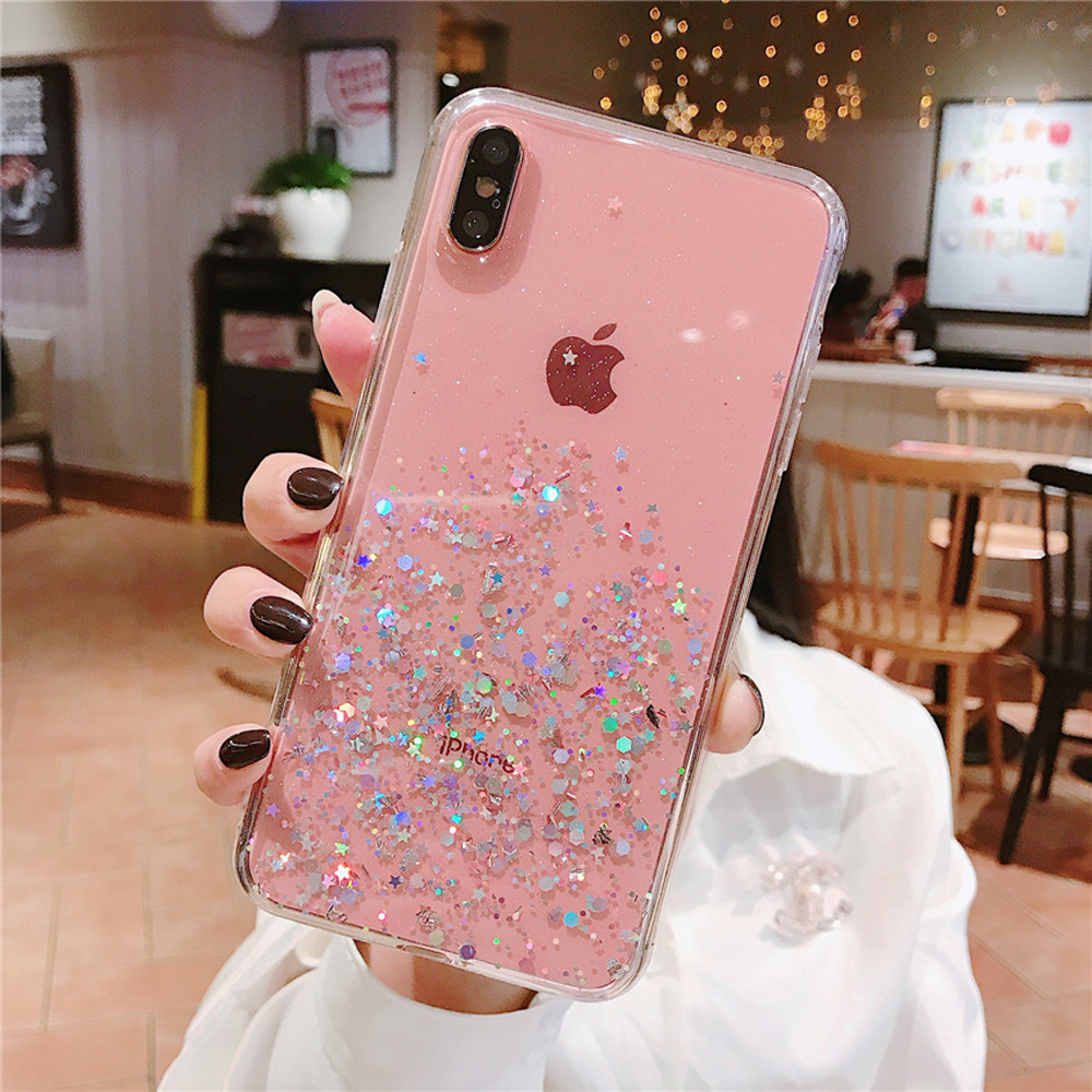 Étui à paillettes scintillantes pour iPhone 8 7 Plus 6 6S, étui Transparent Shine Star pour iphone X XR XS MAX 10, housse en TPU souple: Denim / Rose