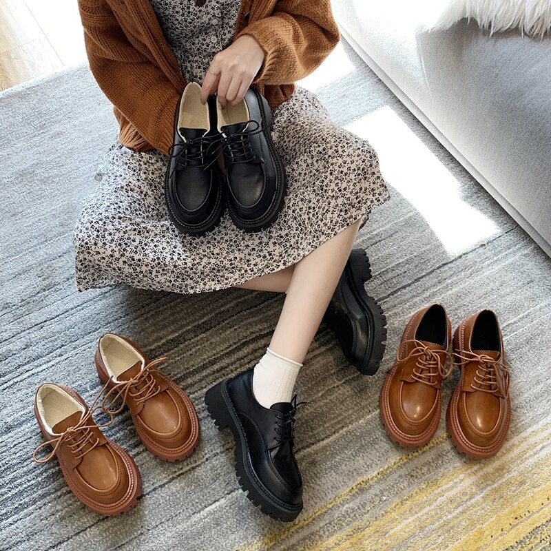 Eoeodoit Herfst Winter Lederen Schoenen Vrouwen Med Chunky Lace Retro Oxford Hakken Pluche Katoen Pompen