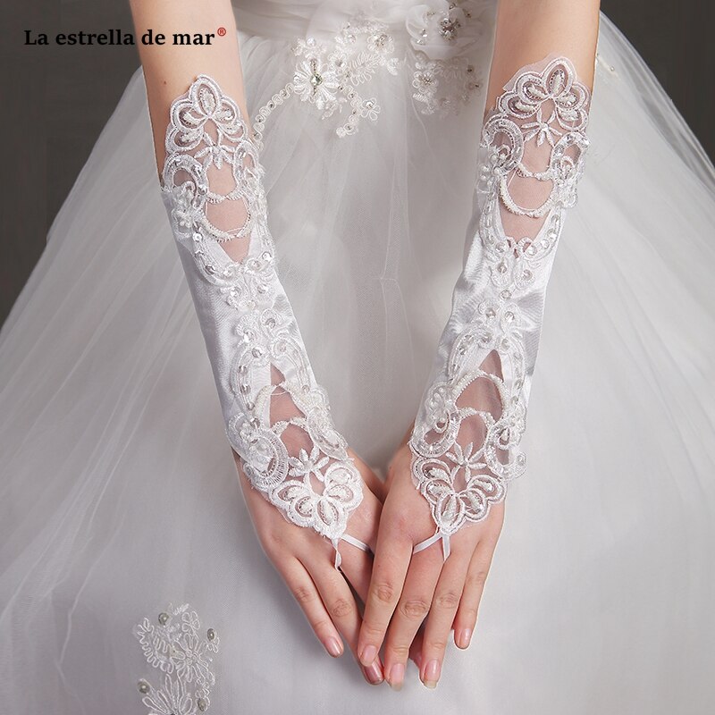 Gants de mariage pour mariée perle multicolore satin sans doigts mariée gants de mariage coude spot applique mariage perlé