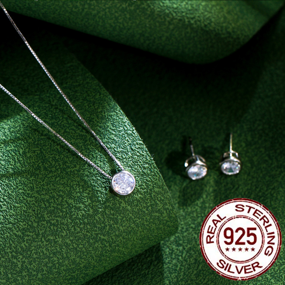 CWWZircons, conjunto de joyería de plata de ley 925 auténtica, circonita cúbica redonda brillante, collar Simple, pendientes para mujer, boda ST001
