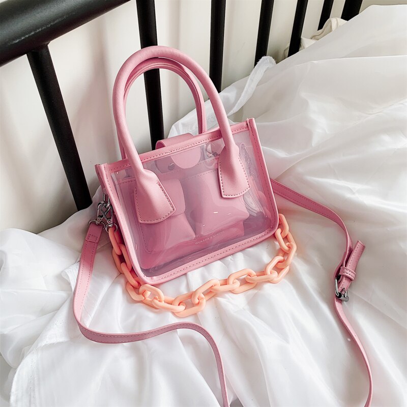 Transparent Jelly Square Tote bag High PVC Women's Handbag Small Travel Shoulder Messenger Bag: Pink