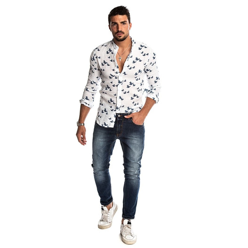 Bird Printed Linen Shirt For Women Casual Stand Collar Short Sleeve Summer Shirts White Male Blouse Men's Clothing