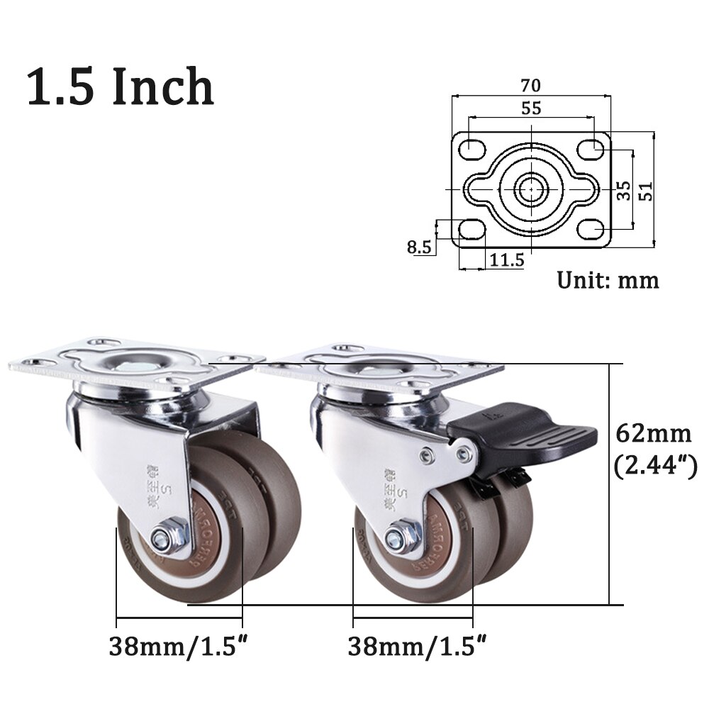 1.5/2 inch 360 Degree Swivel Caster Wheels Heavy Duty Caster Wheels With Double Wheels No Noise Wheels For Carts Workbench