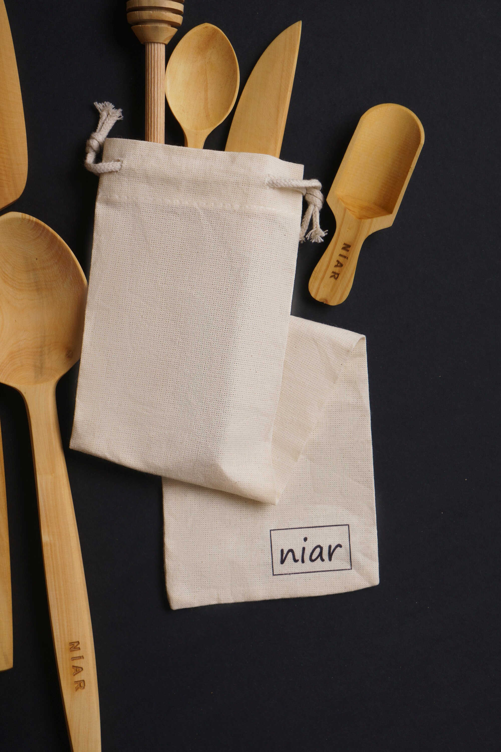 NIAR Wooden Utensil Set - 7 Piece Set Cooking Set - Handmade Kitchen Utensils Set Natural Dinner Spoon, Spatula, Vegetable Knife