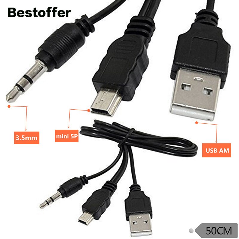 50cm Black USB 2.0 A to Mini B 5PIN+DC 3.5mm Male Plug Audio AUX Adapter Charger Cable Cord