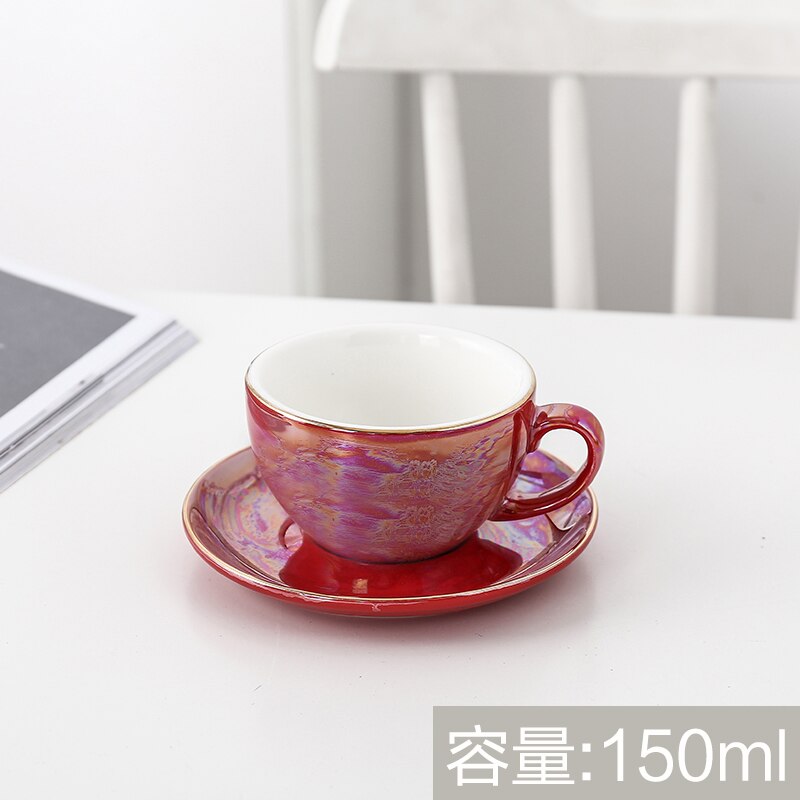 Europese Keramische Kopje Koffie Gold Lijn Parel Glazuur Koffiekopje Schotel Set Thuis Cafe Plezier: Red-150ml