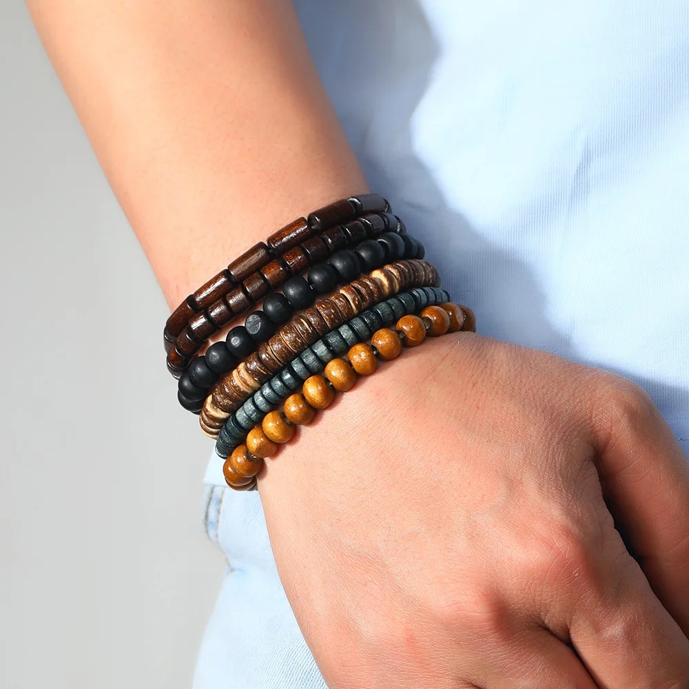 6/4PCS 3 Stijl PU Wodeen Gevlochten Wrap Lederen Armband voor Mannen Vintage Leven Houten Kralen mode Mannelijke Armband