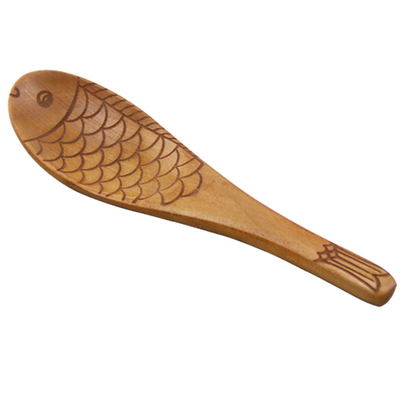 Cuchara de madera en forma de pez de estilo japonés, cuchara de textura tallada a mano, vajilla