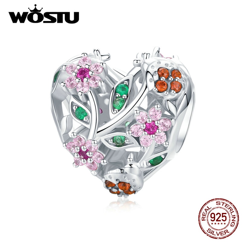 WOSTU 925 Sterling Silver Ladybugs & Flowers Heart Beads Pink Zircon Charm Fit Original Bracelet Necklace Jewelry CTC117